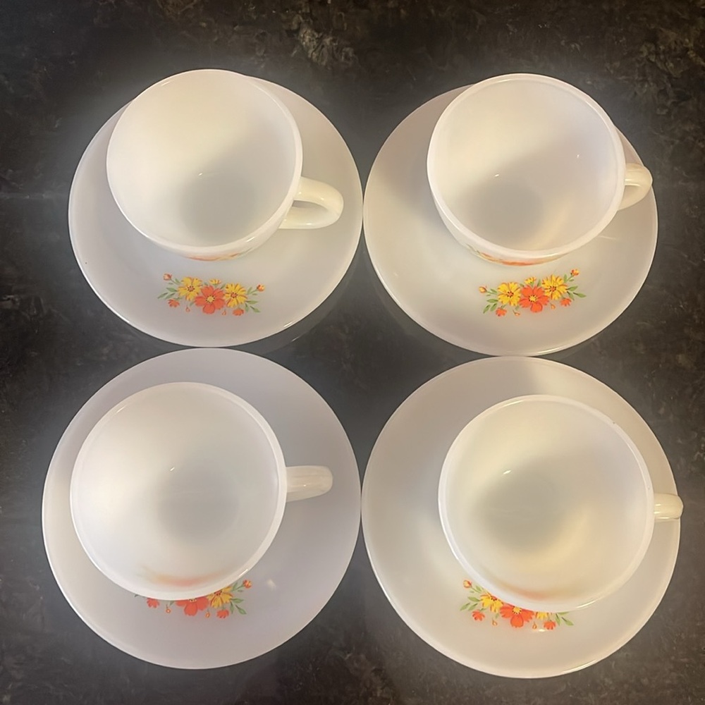 Fire King Anchor Hocking Orange and Yellow Floral Premium Cups & Saucers (4 sets - Picture 11 of 11